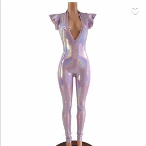 Lavender Holographic deep V neck spandex catsuit